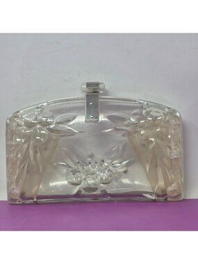 Vintage Clear Lucite Clutch Purse With Floral Design Rhinestones Hinged Closure‎